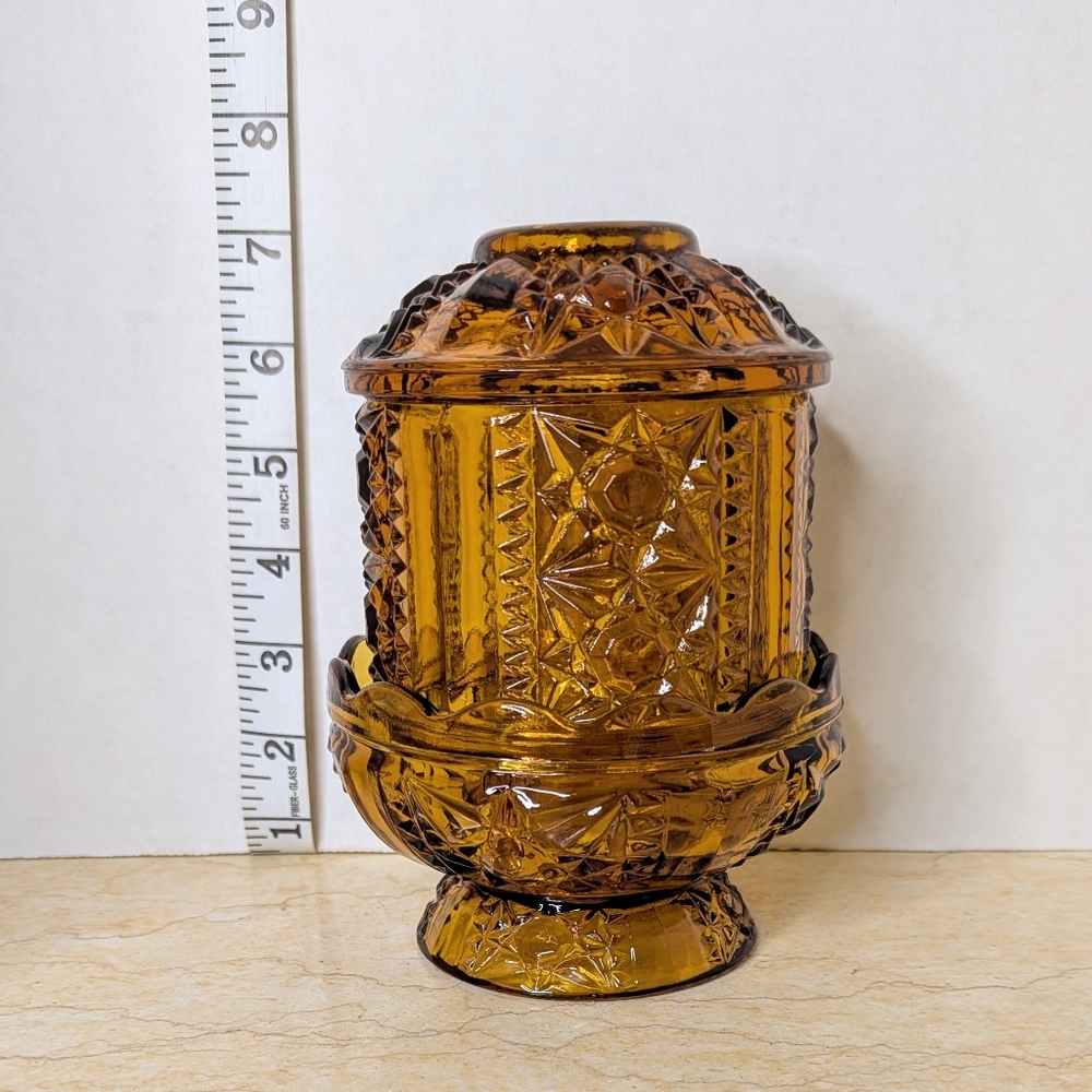 Vintage Indiana Glass Stars & Bars Amber Fairy Lamp Candle Holder - Picture 11 of 12